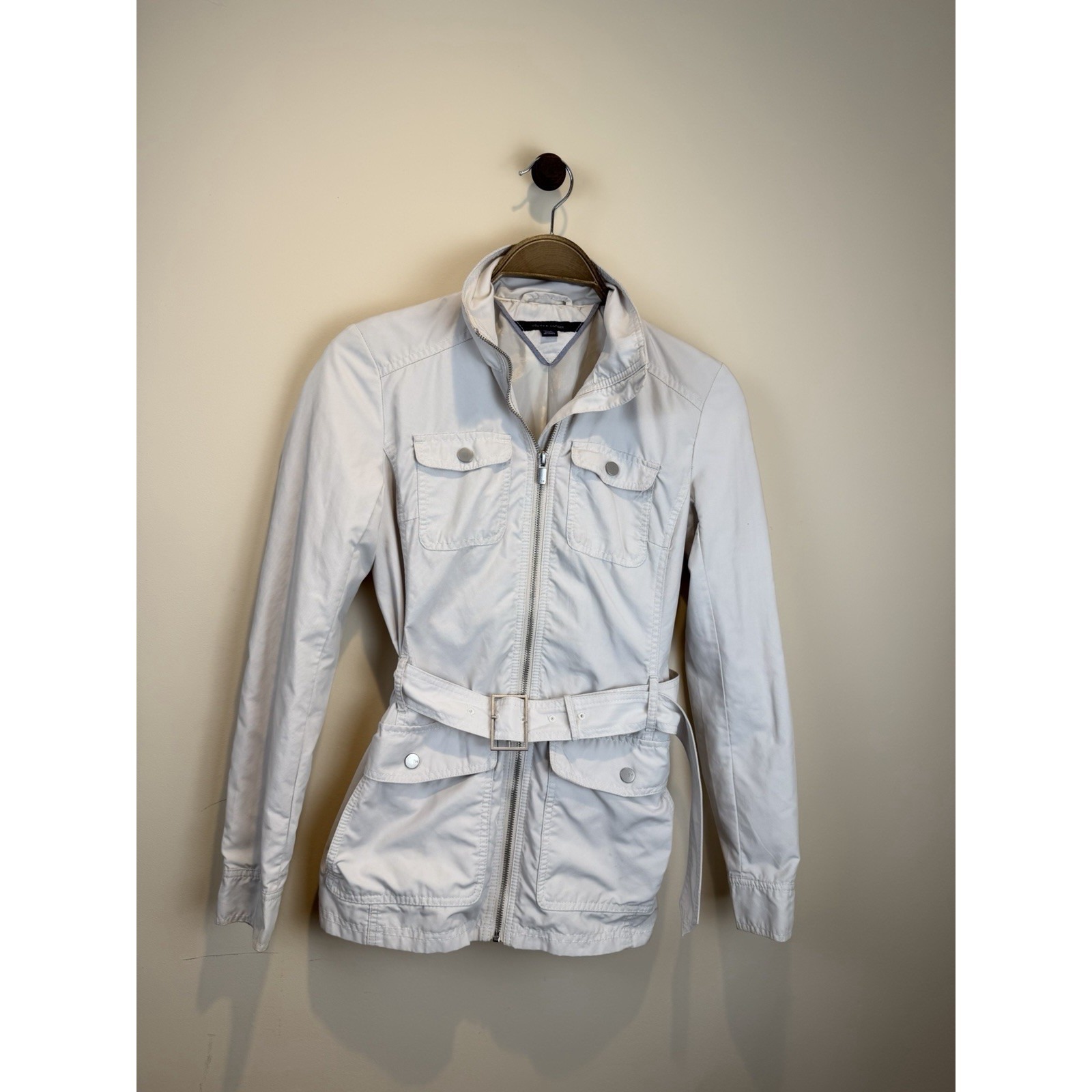 Tommy Hilfiger Women's Xs White Trench-Style Light Jacket With Belt - Utility